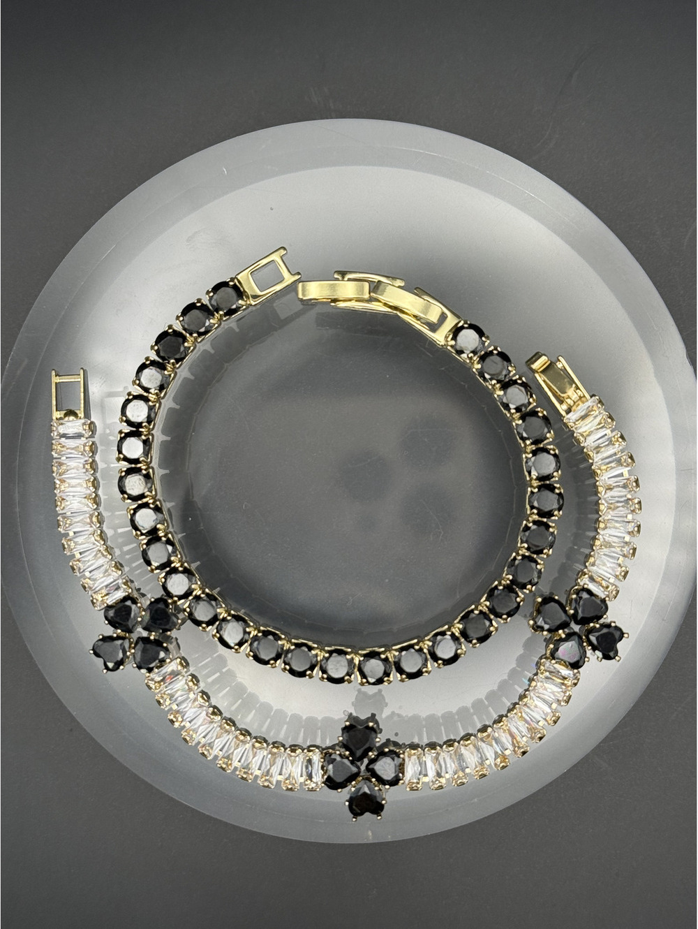 candy+clover black and clear crystal gold tone bracelet stack (2 pc)